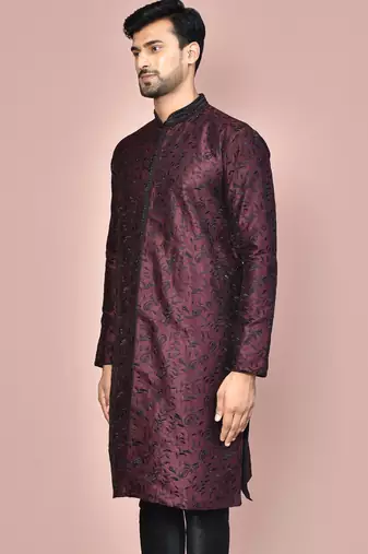 Wine dupion art silk  kurta with  open sherwani style and full inside cotton linen