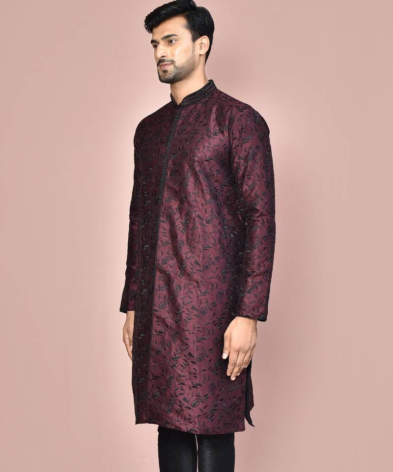 Wine dupion art silk  kurta with  open sherwani style and full inside cotton linen