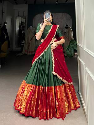 Traditional silk blend Lehenga Set in Deep Green and Red with Ethnic Elephant Motif Border 4