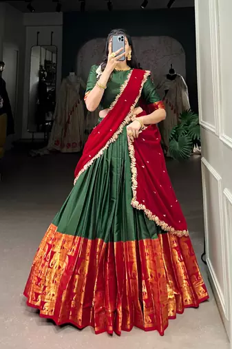 Traditional Silk Lehenga Set in Deep Green and Red with Ethnic Elephant Motif Border