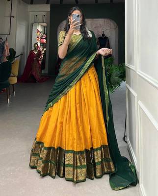  Mustard Yellow Deep Green Traditional silk blend Lehenga Choli Set 3