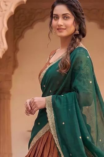  Copper Brown Lehenga with Rich Emerald Green Contrast Dupatta