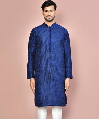 Navy blue dupion art silk  kurta with  open sherwani style and full inside cotton linen 1