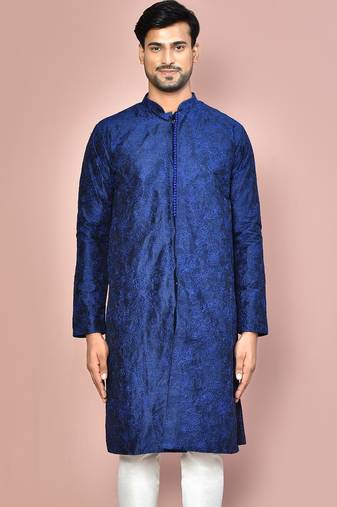 Navy blue dupion art silk  kurta with  open sherwani style and full inside cotton linen