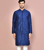 Navy blue dupion art silk  kurta with  open sherwani style and full inside cotton linen