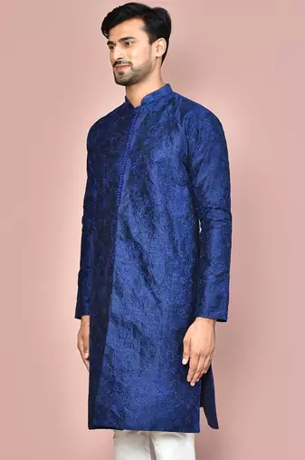 Navy blue dupion art silk  kurta with  open sherwani style and full inside cotton linen