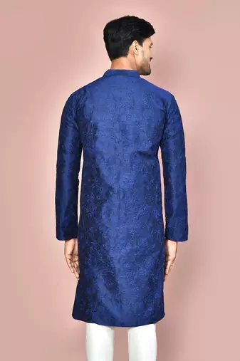 Navy blue dupion art silk  kurta with  open sherwani style and full inside cotton linen