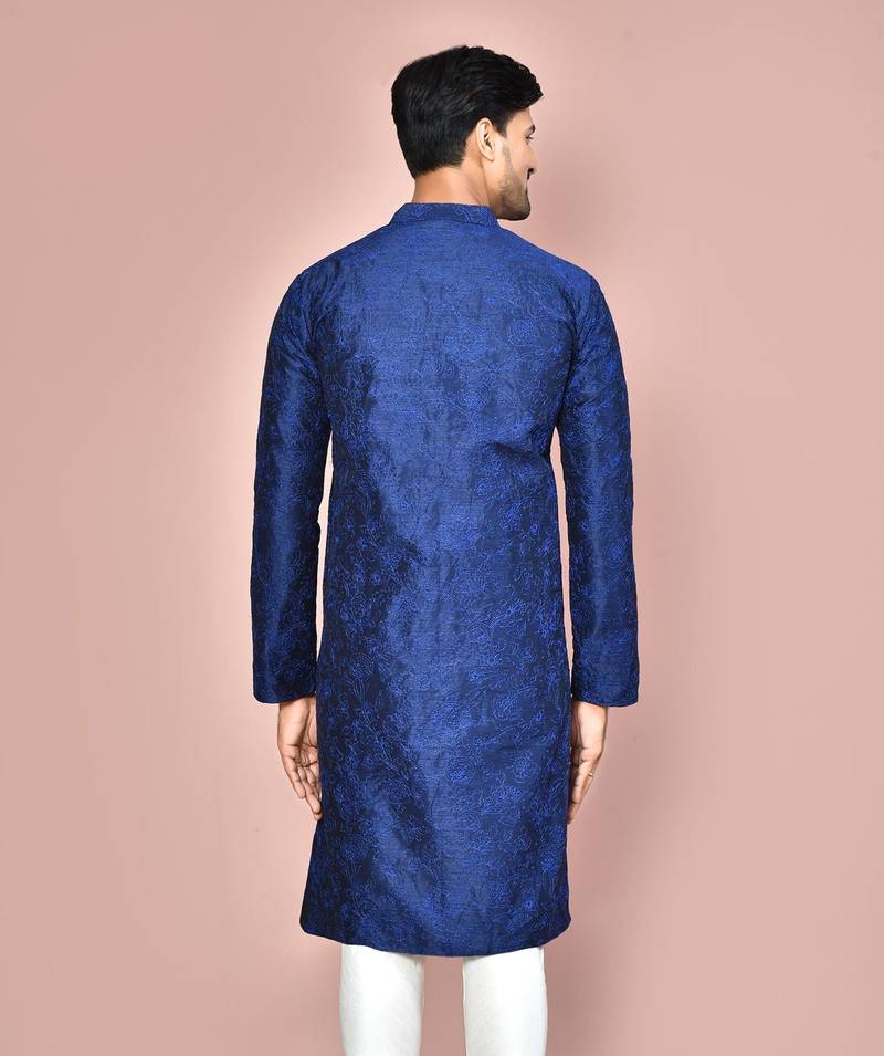 Navy blue dupion art silk  kurta with  open sherwani style and full inside cotton linen