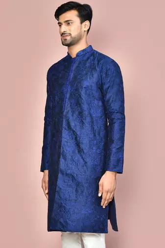 Navy blue dupion art silk  kurta with  open sherwani style and full inside cotton linen