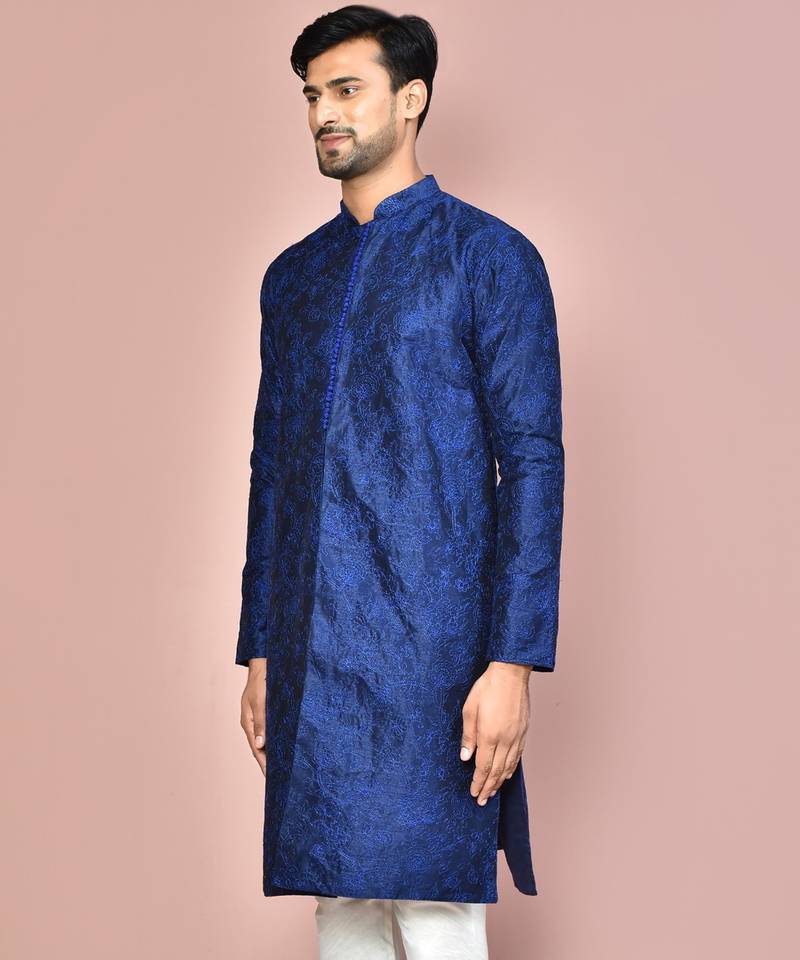 Navy blue dupion art silk  kurta with  open sherwani style and full inside cotton linen