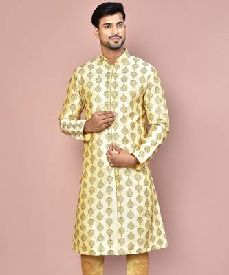 Fawn dupion art silk  kurta with  open sherwani style and full inside cotton linen 1