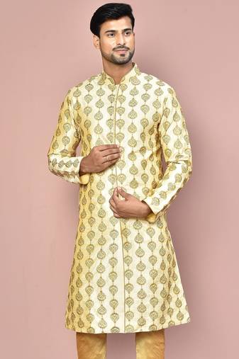 Fawn dupion art silk  kurta with  open sherwani style and full inside cotton linen