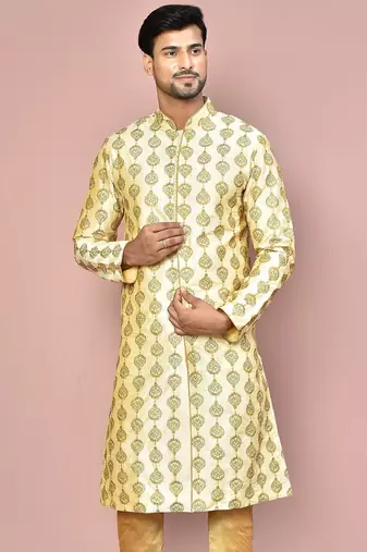 Fawn dupion art silk  kurta with  open sherwani style and full inside cotton linen