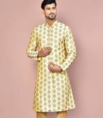 Fawn dupion art silk  kurta with  open sherwani style and full inside cotton linen