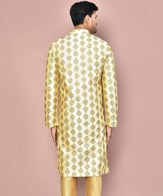 Fawn dupion art silk  kurta with  open sherwani style and full inside cotton linen 3