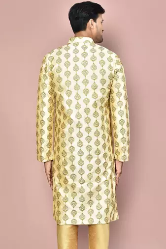 Fawn dupion art silk  kurta with  open sherwani style and full inside cotton linen