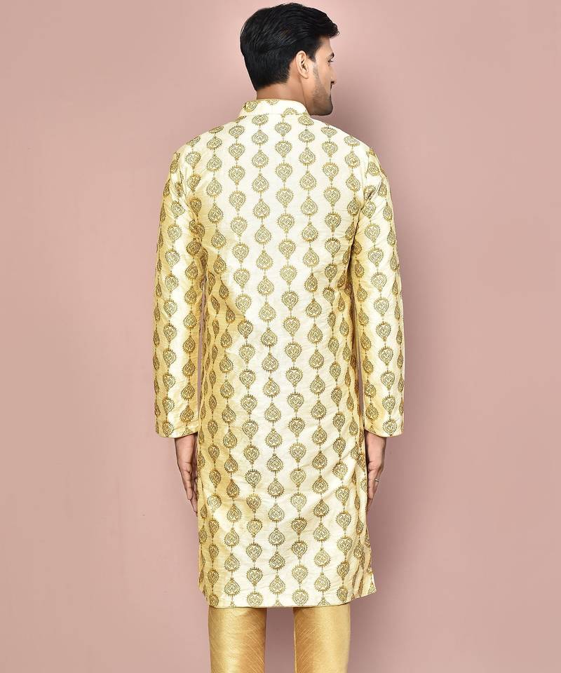 Fawn dupion art silk  kurta with  open sherwani style and full inside cotton linen