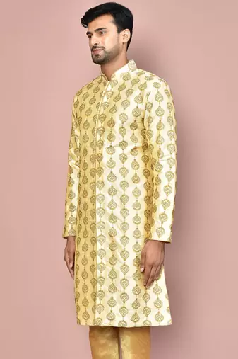 Fawn dupion art silk  kurta with  open sherwani style and full inside cotton linen