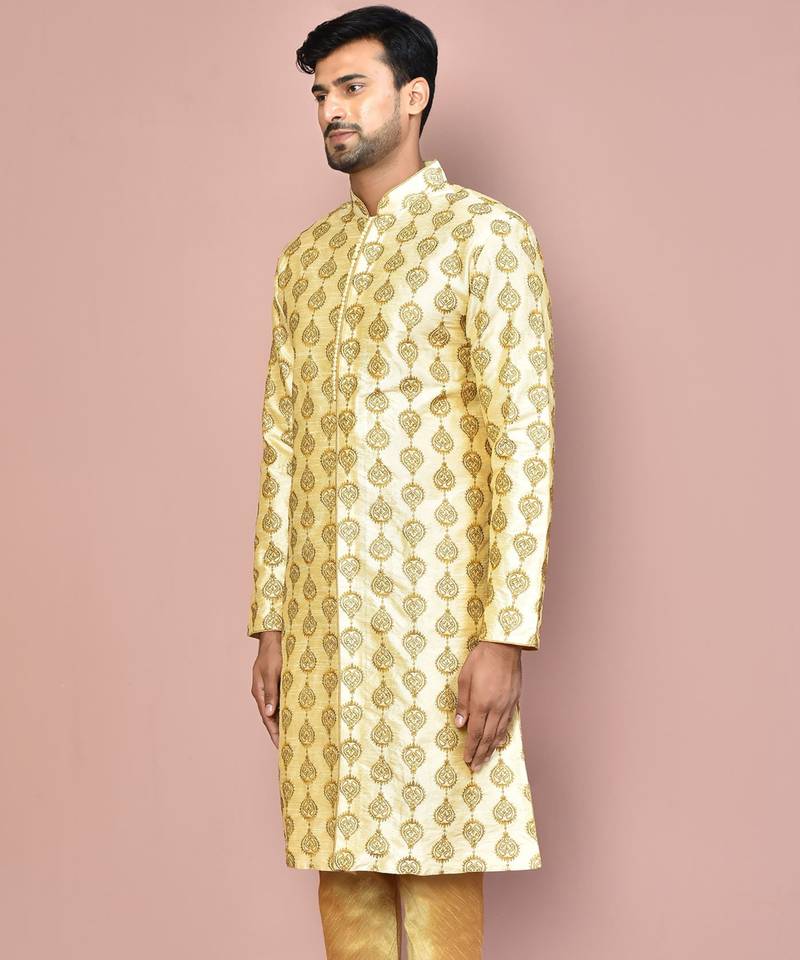 Fawn dupion art silk  kurta with  open sherwani style and full inside cotton linen