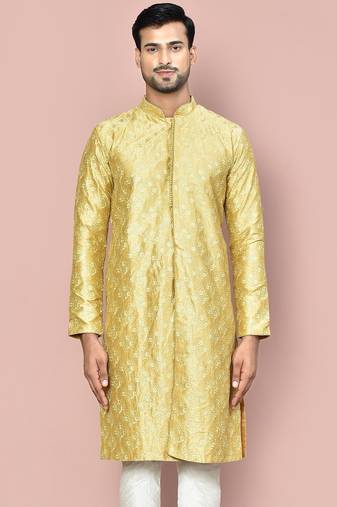 Pista dupion art silk kurta with  open sherwani style and full inside cotton linen