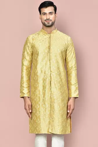 Pista dupion art silk kurta with  open sherwani style and full inside cotton linen
