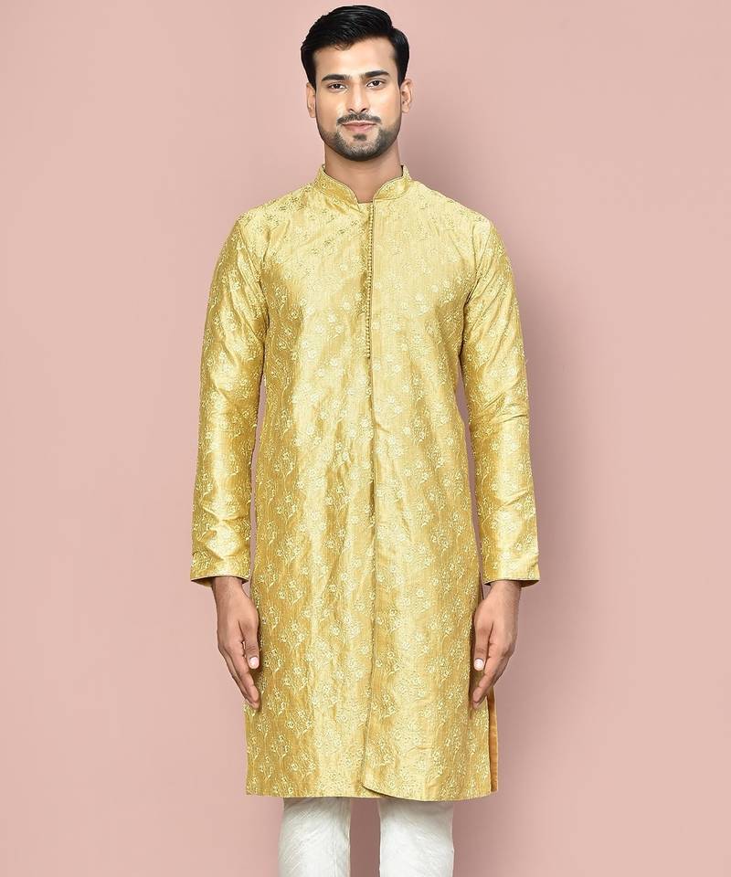 Pista dupion art silk kurta with  open sherwani style and full inside cotton linen