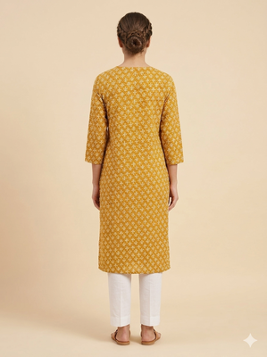 Saka Designs Mustrad Yellow Printed Cotton Kurti 3