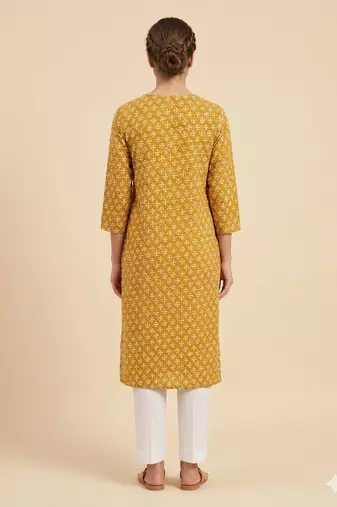 Saka Designs Mustrad Yellow Printed Cotton Kurti