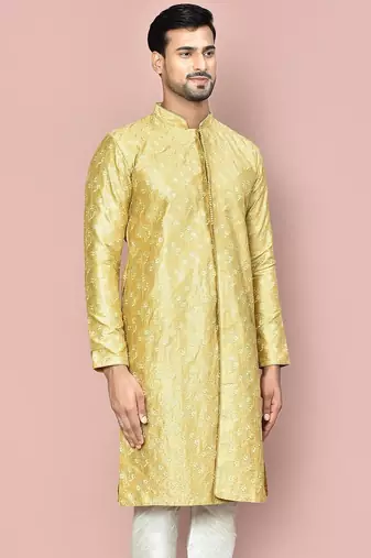 Pista dupion art silk kurta with  open sherwani style and full inside cotton linen