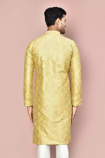Pista dupion art silk kurta with  open sherwani style and full inside cotton linen