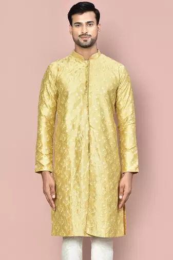 Pista dupion art silk kurta with  open sherwani style and full inside cotton linen