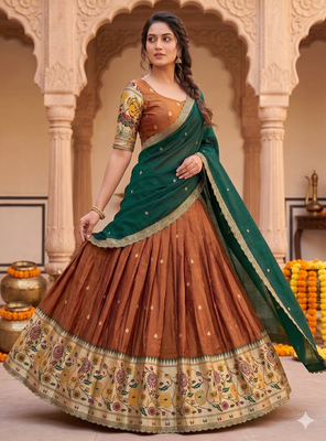  Copper Brown Lehenga with Rich Emerald Green Contrast Dupatta 3