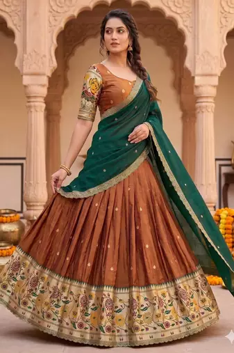  Copper Brown Lehenga with Rich Emerald Green Contrast Dupatta