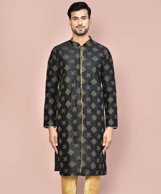 Black dupion art silk kurta with  open sherwani style and full inside cotton linen 1