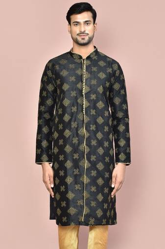 Black dupion art silk kurta with  open sherwani style and full inside cotton linen