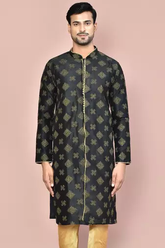 Black dupion art silk kurta with  open sherwani style and full inside cotton linen
