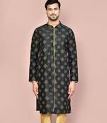 Black dupion art silk kurta with  open sherwani style and full inside cotton linen