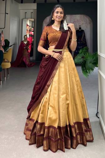 Classic Cream Maroon Contrast Border Silk Ethnic Lehenga Choli