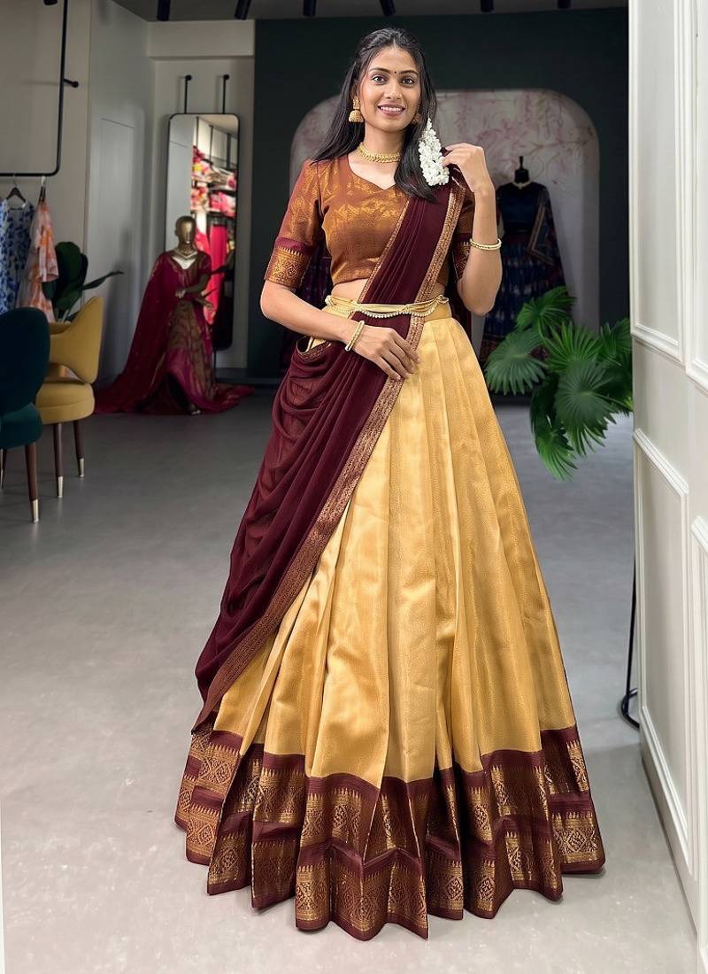 Classic Cream  Maroon Contrast Border Silk Ethnic Lehenga Choli