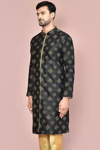 Black dupion art silk kurta with  open sherwani style and full inside cotton linen
