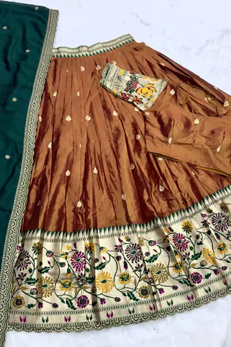  Copper Brown Lehenga with Rich Emerald Green Contrast Dupatta