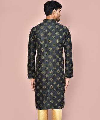 Black dupion art silk kurta with  open sherwani style and full inside cotton linen 3