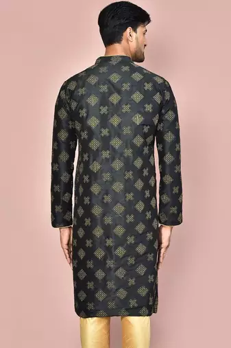Black dupion art silk kurta with  open sherwani style and full inside cotton linen