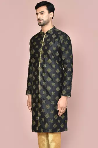 Black dupion art silk kurta with  open sherwani style and full inside cotton linen