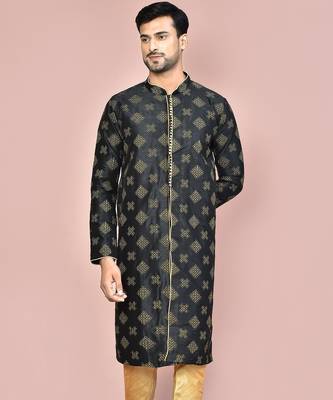 Navy blue dupion art silk kurta with  open sherwani style and full inside cotton linen 1