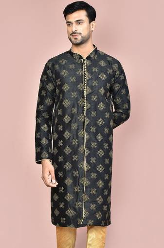 Navy blue dupion art silk kurta with  open sherwani style and full inside cotton linen