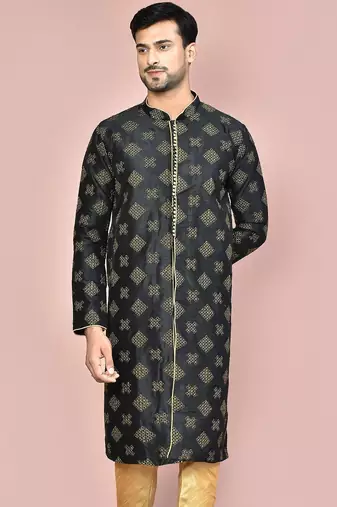 Navy blue dupion art silk kurta with  open sherwani style and full inside cotton linen