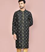 Navy blue dupion art silk kurta with  open sherwani style and full inside cotton linen
