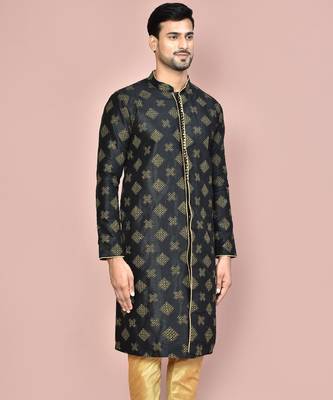 Navy blue dupion art silk kurta with  open sherwani style and full inside cotton linen 2