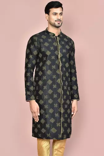 Navy blue dupion art silk kurta with  open sherwani style and full inside cotton linen